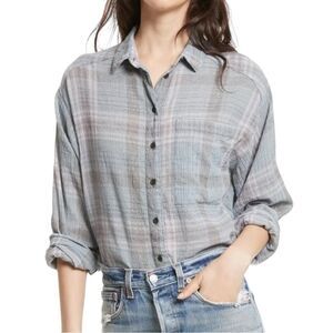 Free People Cropped Cutie Plaid Button Front Cotton Shirt Blue Gray Size Small